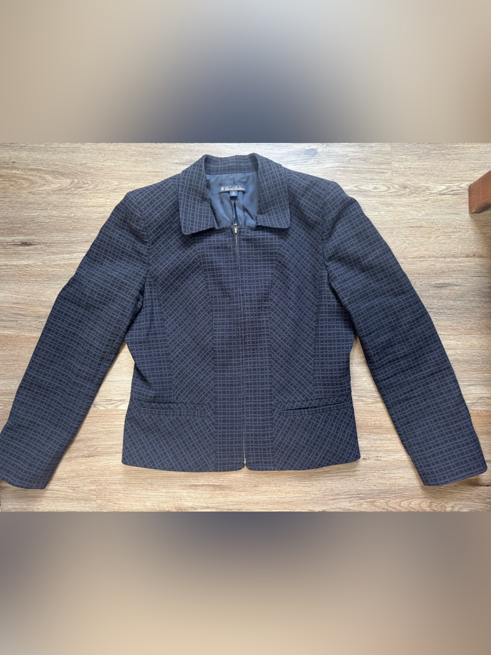 BROOKS BROTHERS Black & Blue Crosshatch Zip Front Lined Structure Jacket  12